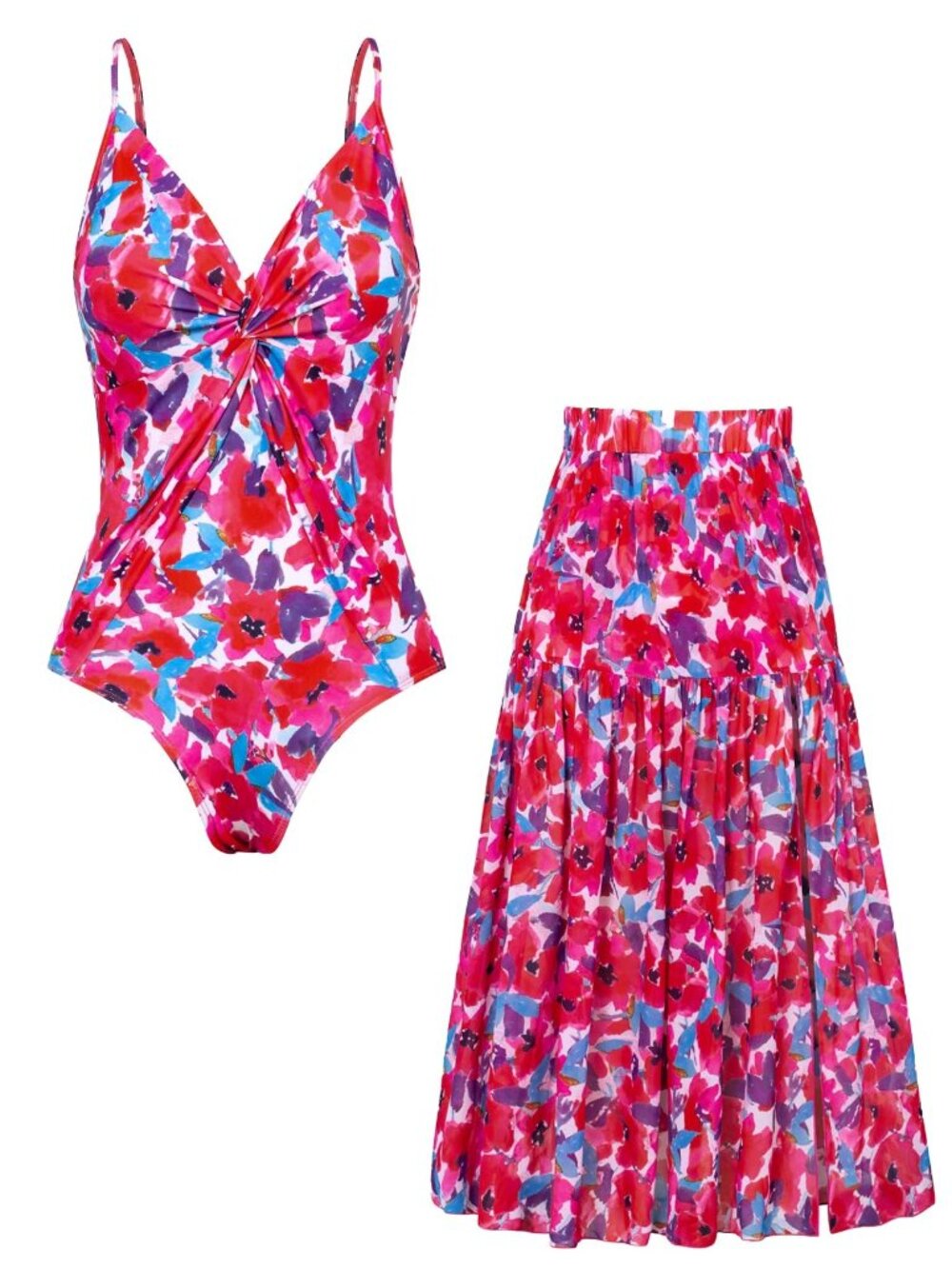 NWT "L" GRACE KARIN  1 Piece Swimsuit cover Up Skirt Tummy Control V Neck Bathin